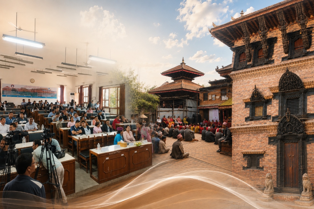 Collage showing corporate training classroom on the left and traditional community gathering on the right in Nepal