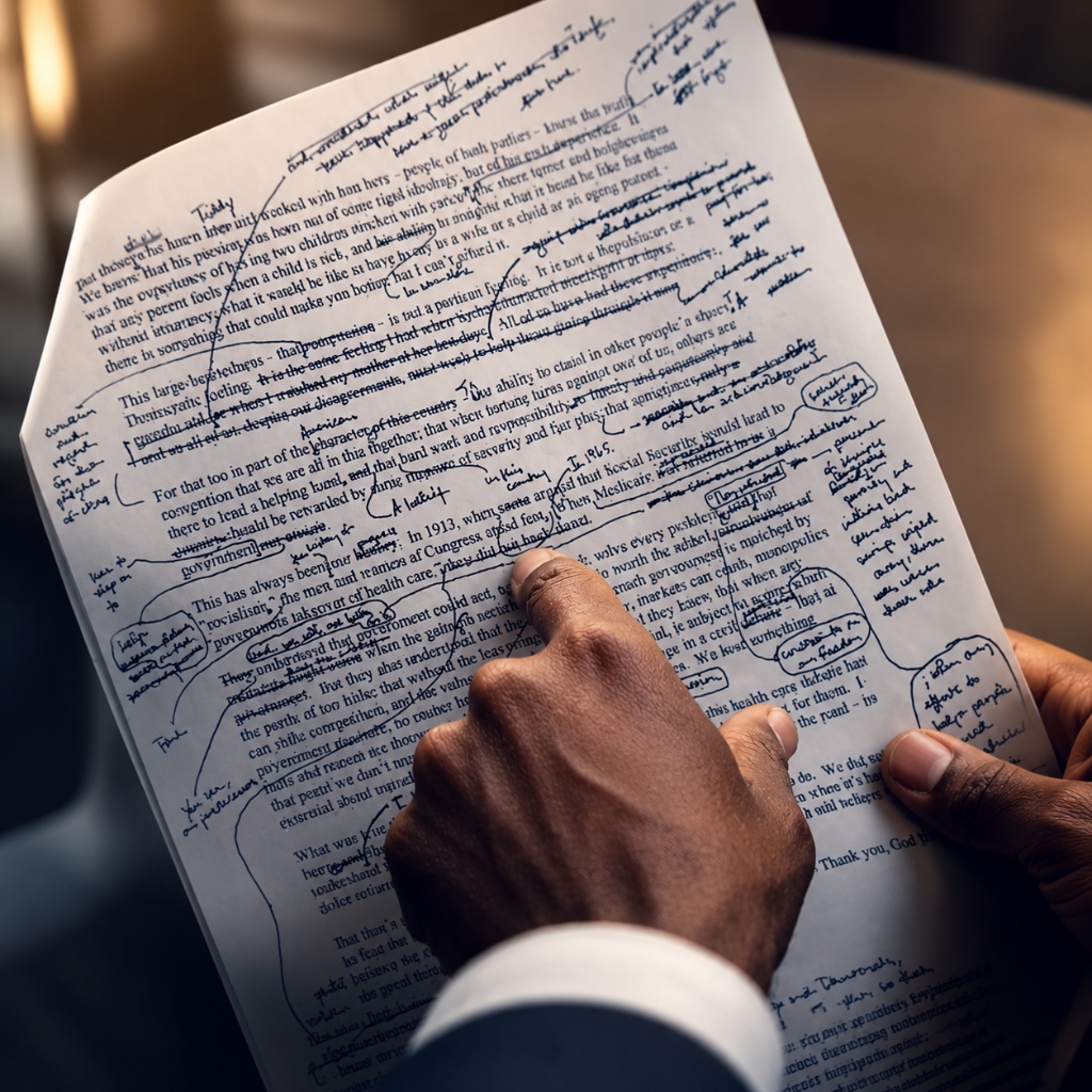 Hands reviewing annotated legal research document representing policy and legislative analysis